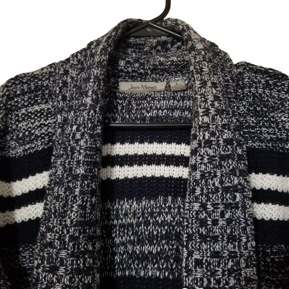 Jason Maxwell Womens Open Cardigan Navy Blue White Sweater Large Winter Fall - Picture 3 of 3